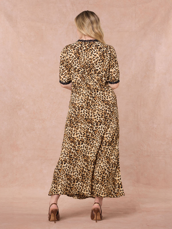 Angelica - Lace Trim Midi Dress - Leopard Print