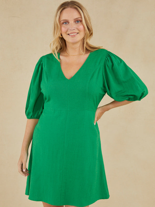 Caroline - V Neck Mini Dress - Green