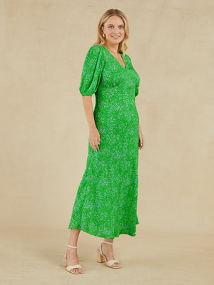 Katie - V Neck Tea Dress - Green Smudge Leopard Print