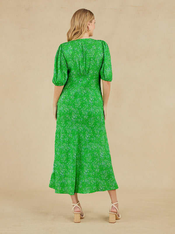 Katie - V Neck Tea Dress - Green Smudge Leopard Print