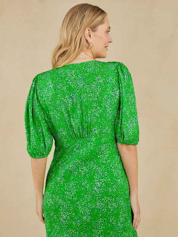 Katie - V Neck Tea Dress - Green Smudge Leopard Print