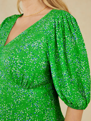 Katie - V Neck Tea Dress - Green Smudge Leopard Print