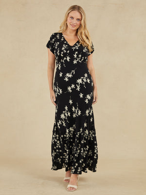 Julie - Cap Sleeve Maxi Dress - Black Floral Print