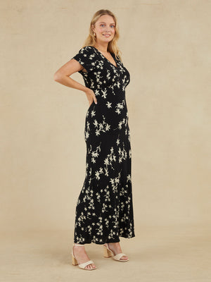 Julie - Cap Sleeve Maxi Dress - Black Floral Print