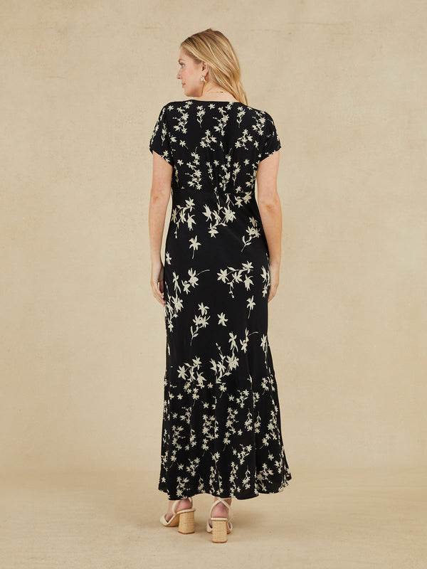 Julie - Cap Sleeve Maxi Dress - Black Floral Print